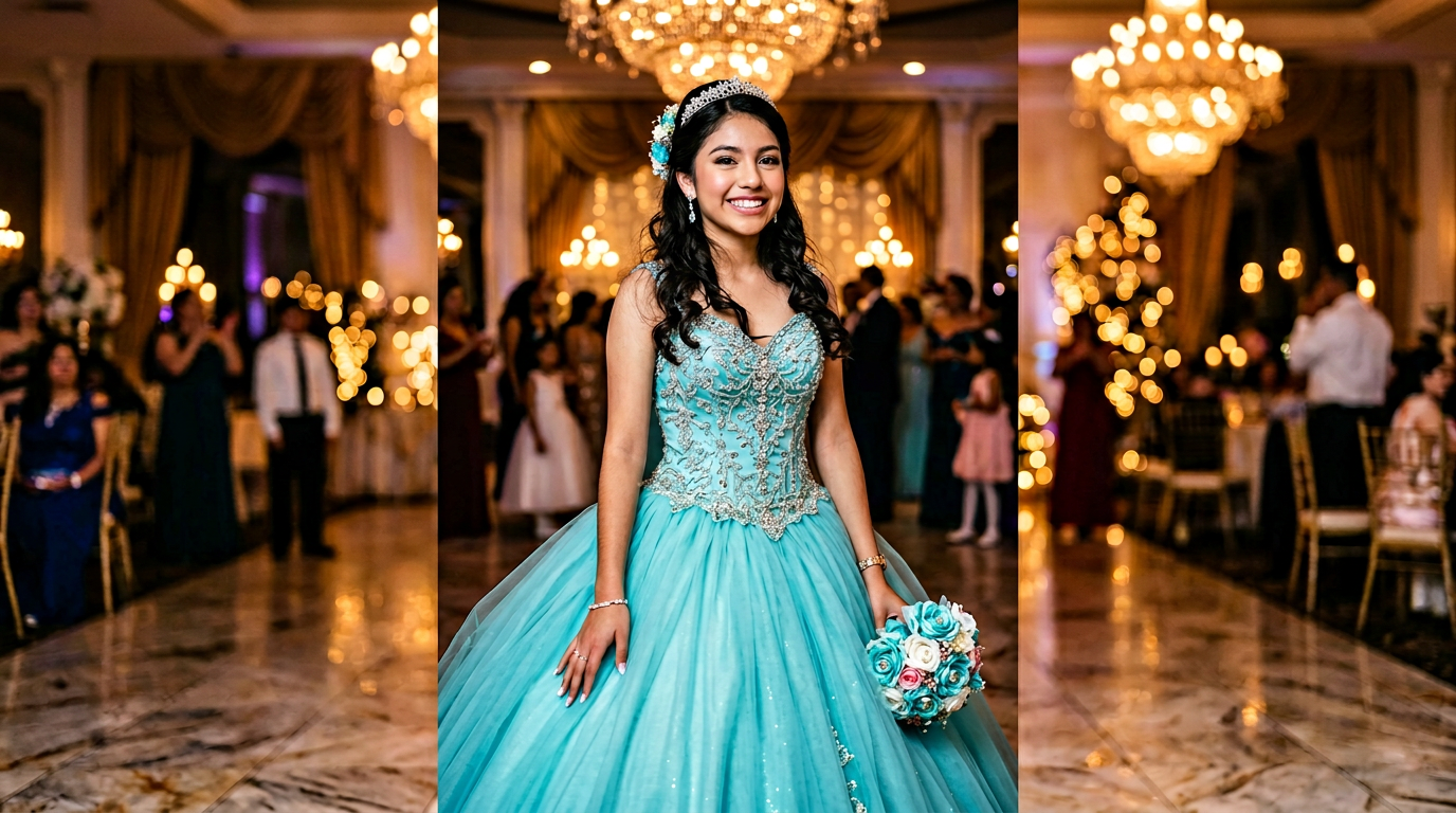 Quinceañera con vestido turquesa elegante en salón de fiesta con luces