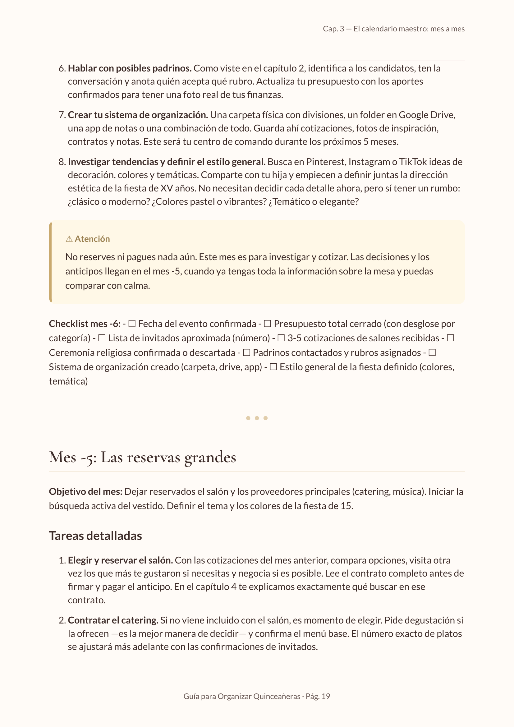 Fragmento del calendario maestro: checklist por mes